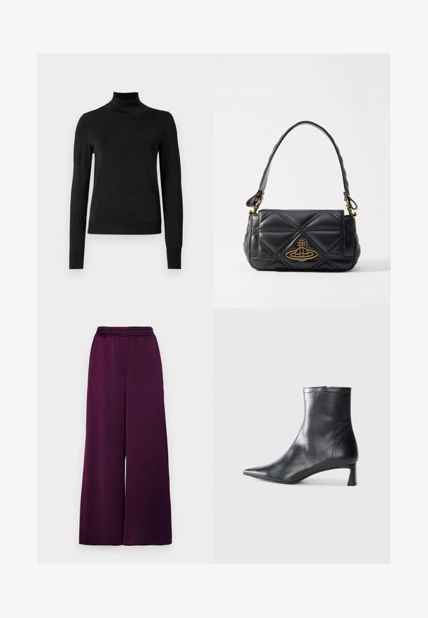 Melnas garām piedurknēm turtlenecks džemperis ar ribotām aprocēm un apakšmali, attēlots uz vienkārša balta fona.; MAX&Co. ACRUX - Auduma bikses - most; Melnas ādas potītes zābaki ar norādītu pirkstu un elegantu dizainu. Iezīmē zemu papēdi un rāvējslēdzēja aizdari aizmugurē. Gluda tekstūra.; Melnā quiltota ādas rokassomiņa ar zelta logotipa akcentu. Aprīkota ar īsu rokturi un strukturētu, taisnstūra formu. Rūpīgi izstrādāta virsma.