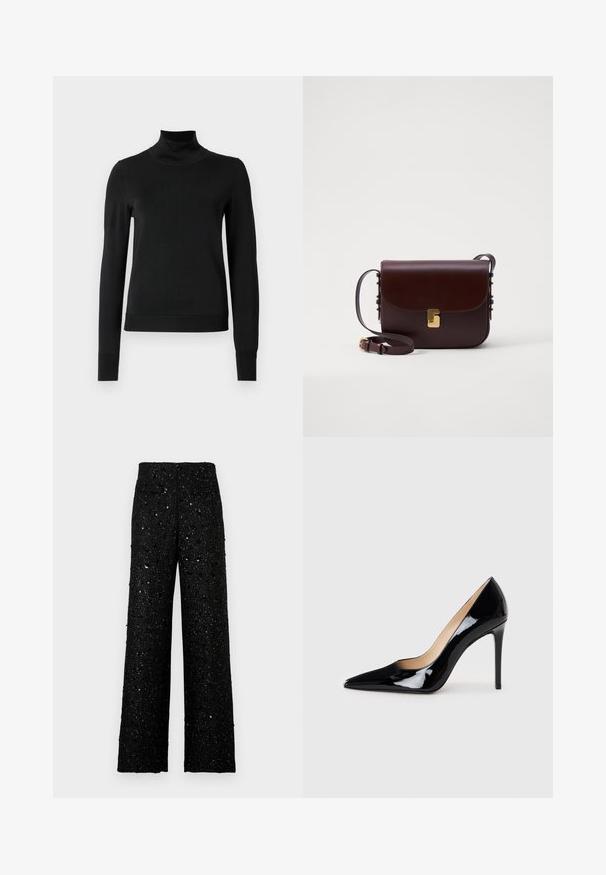 Musta pitkähihaisen pooloneuleen, jossa on ribbikuvioiset hihansuut ja helma, esitetty yksinkertaisella valkoisella taustalla.; Mustat leveälahkeiset housut, joissa on tekstuuri, kimalteleva kangas ja satunnaisesti ripoteltuja pieniä paljetteja säihkeä efekti varten.; Mustat patentoitu nahkakengät, joissa on korkea korko ja terävä kärki, luovat sulavan siluetin. Kengissä on sileä, kiiltävä pinta ja hoikka stiletto-korko.; Ruskea nahkainen laukku, jossa on läppäkiinnitys, kultaiset yksityiskohdat ja säädettävä olkaimet. Ominaisuuksiin kuuluu sileä pinta ja tyylikäs suorakulmainen muoto.