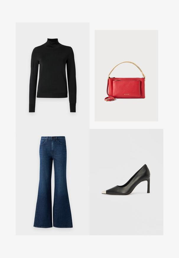 Sweater preto de manga longa com gola alta, com punhos e bainha canelados, exposto em um fundo branco liso.; Jeans flare de cintura alta em azul escuro com botão frontal, zíper e design de cinco bolsos sobre um fundo branco.; Sapato de salto alto em couro preto com bico apontado e biqueira metálica prateada. Apresenta um acabamento liso e um salto esguio de 10 cm.; Bolsa de mão em couro vermelho com acabamento texturizado, corrente e alça em dourado, bolso frontal com zíper e logótipo em relevo. Design compacto e estruturado.