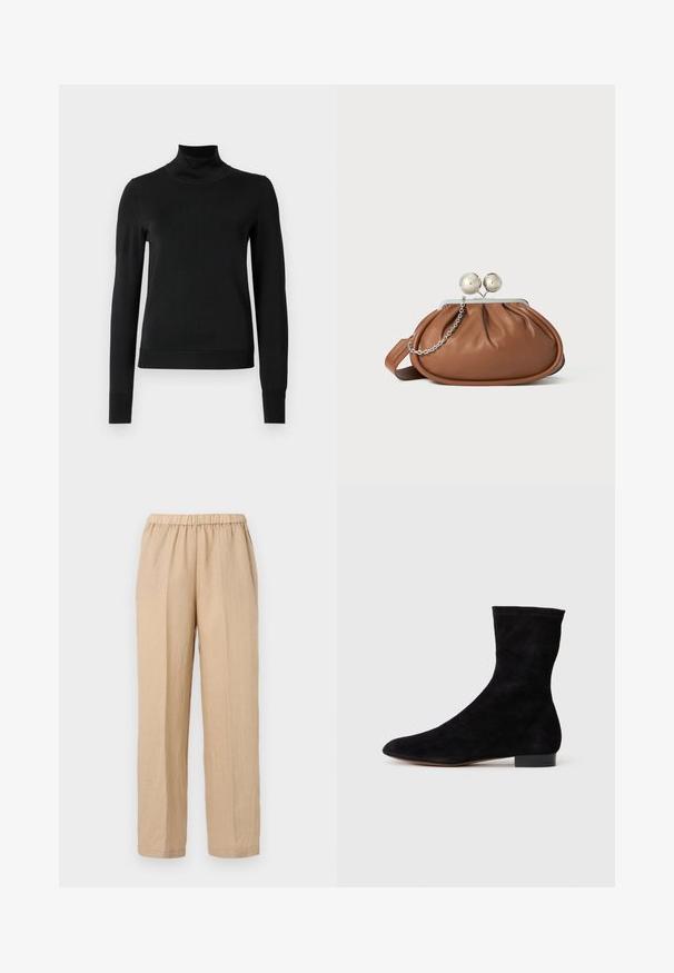 Pull à col roulé noir à manches longues avec des poignets et un ourlet côtelés, présenté sur un fond blanc uni.; ASPESI PANTALONE - Pantalon classique - sabbia/sand; Bottine en suede noir avec une tige ajustée, un bout pointu et un petit talon bloc. Texture lisse et design minimaliste, adaptée à un styling polyvalent.; Pochette en cuir marron avec un fermoir à boule en argent et un petit détail en chaîne argentée sur fond blanc.