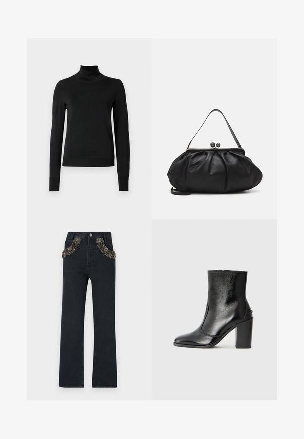 Sort langærmet turtleneck sweater med ribbede manchetter og kant, vist på en simpel hvid baggrund.; Mørkeblå denim jeans med lige ben-design, der har pyntede lommer med indviklede perle- og pailletdetaljer.; Sorte læder ankelstøvler med en glat overflade, spids tå og en chunky høj hæl. Har en sidelukning og minimalistisk design.; Sort læderpung med et rundt, plisseret design. Har en metalspænde med to dekorative kugler og et slankt, aftageligt rem.