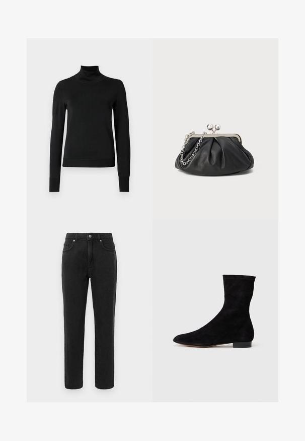 Melnas garām piedurknēm turtlenecks džemperis ar ribotām aprocēm un apakšmali, attēlots uz vienkārša balta fona.; Melnas denima bikses ar taisnu kāju dizainu, standarta piecu kabatu stilu un pogu aizdari. Iespējas ar smalkiem šuvju detalizējumiem.; Melnas zamšādas potīšu zābaki ar piegulošu kāju daļu, smailu purngalu un zemu bloku papēdi. Gluda tekstūra un minimālistisks dizains, piemērots dažādai stilizācijai.; Melnas ādas roku soma ar sakrautām tekstūrām, sudraba toņu metāla rāmis, skavas aizdare un ķēdes siksna. Gluda, maiga virsma.