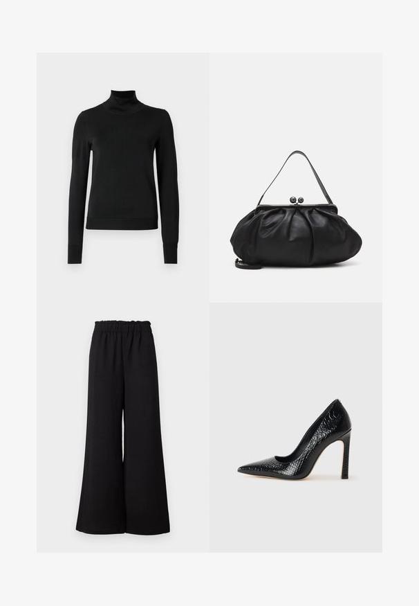 Juoda ilgomis rankovėmis turtleneko tipo megztinis su rebruotomis rankovėmis ir apačia, eksponuojamas ant paprasto balto fono.; Juodos plačios kelnės su elastinga juosmens juosta, pagamintos iš tekstūruotos medžiagos, pasižyminčios laisvu siluetu ir tiesiomis apačiomis.; Juoda smailiakulnė aukšto kulno bateliai su krokodilo odos tekstūra, pasižymintys elegantišku dizainu, aukštu stiletu kulnu ir lygia juoda vidine dalimi.; Juodas odinis rankinė su apvalia, raukšlėtą dizainą. Priedai metalinė užsegimas su dviem dekoratyvinėmis kamuoliukais ir plona, nuimama pakaba.