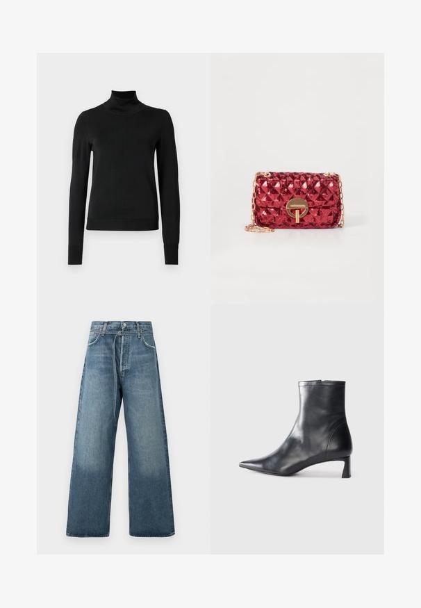Melnas garām piedurknēm turtlenecks džemperis ar ribotām aprocēm un apakšmali, attēlots uz vienkārša balta fona.; Plati zili džinsi ar izbalējušu apdari, izgatavoti no denima ar redzamām šuvēm un pogu aizdari jostasvietā.; Melnas ādas potītes zābaki ar norādītu pirkstu un elegantu dizainu. Iezīmē zemu papēdi un rāvējslēdzēja aizdari aizmugurē. Gluda tekstūra.; Vanessa Bruno EXCLUSIVE MOON SEQUINS - Plecu soma - red