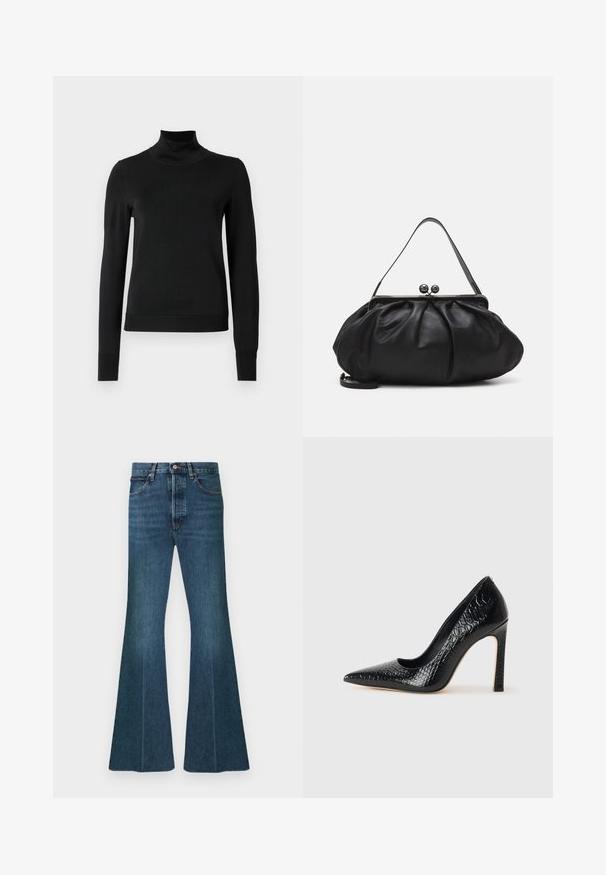 Pull à col roulé noir à manches longues avec des poignets et un ourlet côtelés, présenté sur un fond blanc uni.; Jean en denim évasé bleu foncé avec une taille haute, un design à cinq poches et une couture classique. Le tissu présente un aspect lisse et texturé.; Escarpin noir à bout pointu avec texture en cuir de crocodile, présentant un design élégant, un haut talon aiguille et un intérieur noir lisse.; Sac à main en cuir noir avec un design arrondi et plissé. Il possède un fermoir métallique avec deux boules décoratives et une bandoulière fine et amovible.