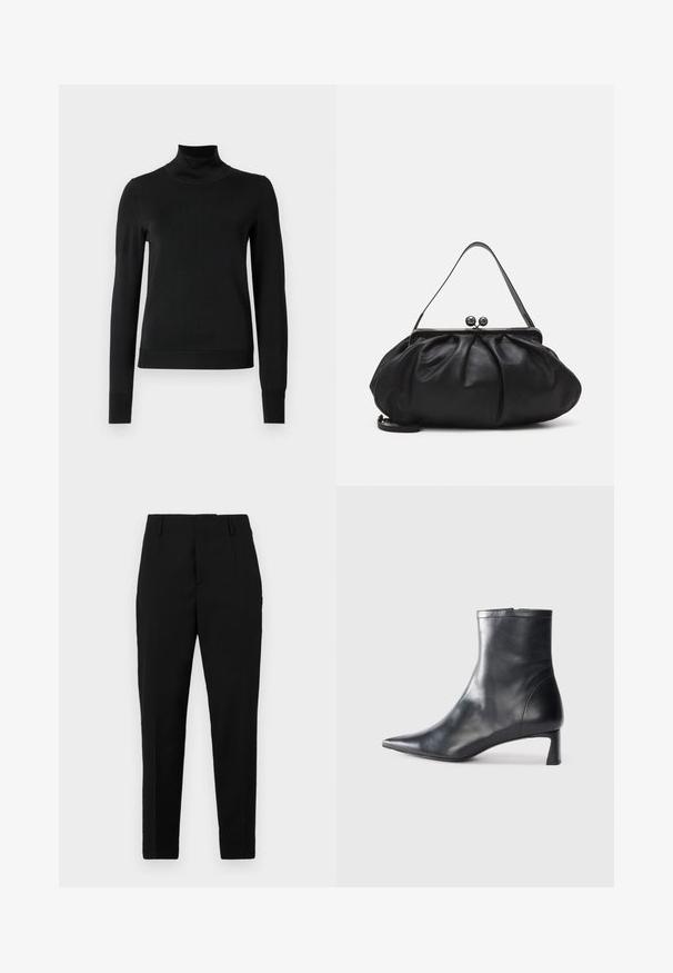 Black long-sleeve turtleneck sweater with ribbed cuffs and hem, displayed on a plain white background.; Black trousers with a tailored fit, featuring side pockets, a smooth texture, and a sleek design that tapers towards the ankle.; Black leather ankle boot with a pointed toe and a sleek design. Features a low heel and a zipper closure at the back. Smooth texture.; Black leather handbag with a rounded, pleated design. Features a metallic clasp with two decorative balls and a slim, detachable strap.
