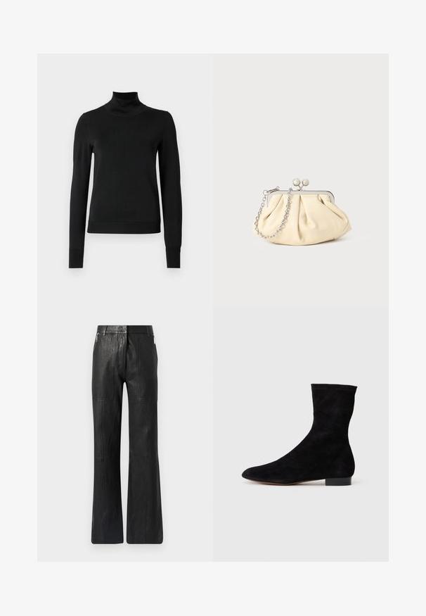 Schwarzer Langarmrollkragenpullover mit gerippten Bündchen und Saum, auf einem schlichten weißen Hintergrund präsentiert.; Schwarzlederne Pluderhosen mit glatter Textur, vertikalen Nähten und seitlichen Reißverschlusstaschen für zusätzliche Details.; Schwarze Wildleder-Ankelboots mit einem enganliegenden Schaft, spitzer Zehenform und niedrigem Blockabsatz. Glatte Textur und minimalistisches Design, geeignet für vielseitige Styles.; Faltige beigefarbene Ledertasche mit einem silbernen Metallrahmen, ausgestattet mit zwei runden dekorativen Verschlüssen und einem silbernen Kettenriemen.
