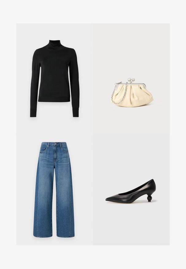 Zwarte trui met lange mouwen en col, voorzien van geribde manchetten en zoom, weergegeven op een effen witte achtergrond.; Wijdvallende blauwe jeans met een gemiddelde wassing, met een hoge taille, vijf zakken en subtiele whiskers. Gemaakt van denim met een gladde textuur.; Zwarte leren hoge hak schoen met een spitse neus en een ronde, bolle hak. Gladde textuur met een elegant, minimalistisch ontwerp.; Geplooide beige leren clutch met een zilveren metalen frame, voorzien van twee ronde decoratieve sluitingen en een zilveren kettingriem.