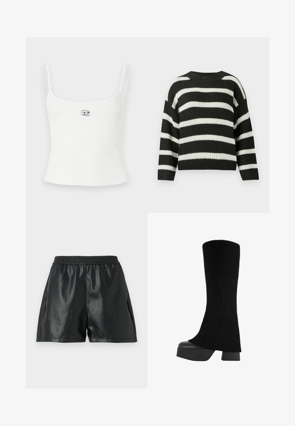 Črno-bela prugasta pletena jopica z okroglo ovratnico in dolgimi rokavi. Tkanina ima grobo, tkano strukturo.; Bela rebrasta majica brez rokavov s tankimi naramnicami in oprijeto zasnovo. Na sredini je majhen okrogel logotip. Gladka tekstura, minimalističen slog.; Črne umetne usnjene hlače s elastičnim pasom, ki imajo gladko teksturo in ohlapen kroj. Brez vidnih vzorcev ali okrasnih elementov.; Črne škornje do kolen z raščlenjeno zgornjo plastjo iz blaga, debelim platformskim podplatom in blok peto, ki ima gladko teksturo in eleganten, sodoben dizajn.