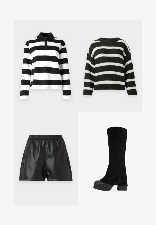 Maglione a righe bianco e nero con scollatura tondeggiante e maniche lunghe. Il tessuto ha un aspetto tessuto e strutturato.; Polo a maniche lunghe a righe bianche e nere con colletto, dotato di patta con bottoni e un tessuto liscio e testurizzato.; Pantaloni corti in ecopelle nera con fascia elastica in vita, caratterizzati da una texture liscia e un design morbido. Nessun motivo o dettaglio visibile.; Stivale nero al ginocchio realizzato in tessuto a coste, con suola piatta chunky e tacco a blocco, caratterizzato da una texture liscia e da un design elegante e moderno.