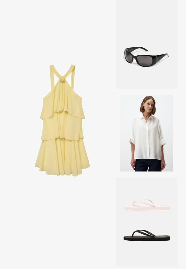 Sweatshirt bordeaux à col rond, épaules tombantes et poignets côtelés. Porte les inscriptions "NEW YORK" et "Squady" brodées en blanc.; Chemise blanche à boutons, avec une coupe ample, des manches courtes retroussées et un tissu texturé. Associée à un jean en denim foncé.; Robe jaune à volants avec un design fluide, dotée de bretelles spaghetti et d'un dos froncé. Agrémentée d'un détail floral aux bretelles.; Tongs en caoutchouc blanches et noires avec des semelles texturées, des brides fines et des couleurs contrastantes. Chaque paire présente un design simple et un branding minimal.; Lunettes de soleil noires avec des montures en plastique brillant, des verres gris dégradés et des accents en métal argenté sur les côtés. Design élégant et courbé.