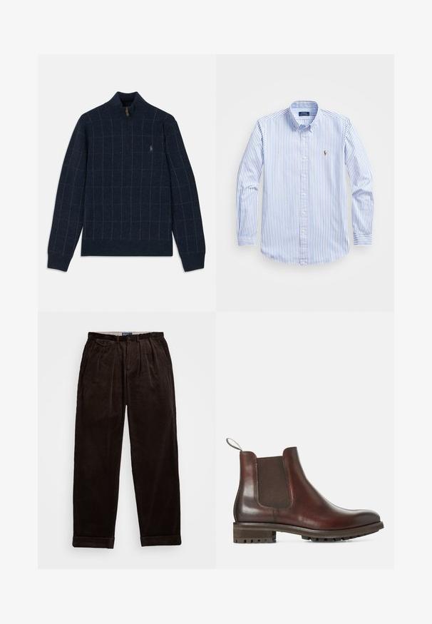 Mornarska jopica z zadrgo pri ovratniku, ki prikazuje mrežno vzorčevanje v svetlo zeleni in rjavi barvi. Mehak material z rebrastimi manšetami in robom, detajl logotipa na prsih.; Svetlo modra in bela prugasta srajca z gumbi, klasičnim ovratnikom, dolgimi rokavi in majhnim vezenim logotipom na prsih.; Temno rjave kordurojske hlače z sproščenim krojem, z naborki spredaj in zavitimi manšetami na robu. Gladka tekstura in trdna zasnova.; Rjave usnjene Chelsea škornje z elastičnimi stranskimi paneli, zanko za obuvanje in teksturiranim gumijastim podplatom. Gladek finiš z robustnim nizkim petam.