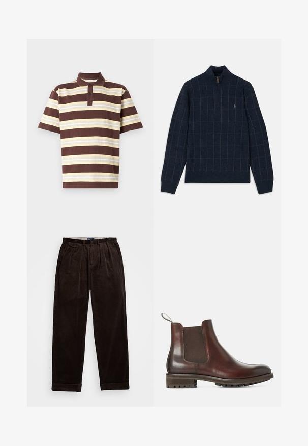 Jūras spēku svītra ar rāvējslēdzēja apkakli, kam ir gaismas zaļas un brūnas krāsas režģa raksts. Mīksta tekstūra ar ribotu piedurkņu un apakšmalu, uz krūtīm ir logotipa detaļa.; Brūns un dzeltens svītrains polo krekls, īsām piedurknēm, ar trīs pogām, izgatavots no kokvilnas materiāla, ar teksturētu audumu un dažādu platumu svītrām.; Tumši brūni korduroja bikses ar brīvu piegriezumu, kurām ir krokas priekšpusē un sav rolled cuffs apakšmalā. Gluda tekstūra un izturīgs dizains.; Brūni ādas Čelsijas zābaki ar elastīgām sānu ieliktņiem, vilkšanas cilpu un teksturētu gumijas zoli. Gluda apdare ar izturīgu zemu papēdi.