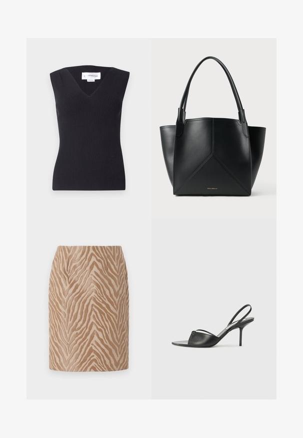 Musta ribattuu ilmanhiha paita, jossa syvä V-pääntie, tiukka malli ja teksturoitu kangas. Tunnuslukuna lukee "Victoria Beckham."; Beige minihame, jossa on tekstiilinen seepri-raidallinen kuvio tummemmissa sävyissä. Omistaa sileän pinnan ja muotoillun designin, jossa on etupuolelle ommeltuja laskoksia.; Mustat nahkaslingback-kengät, joissa on terävä kärki, ohut nilkkaremmi ja stiletto-korko. Yksityiskohtana on solmittu detali vampissä.; Musta nahkainen kassi, jossa on geometrinen muotoilu, kahdella kahvalla ja kultaisella brändäyksellä edessä. Sujuva pinta ja jäntevä muoto.