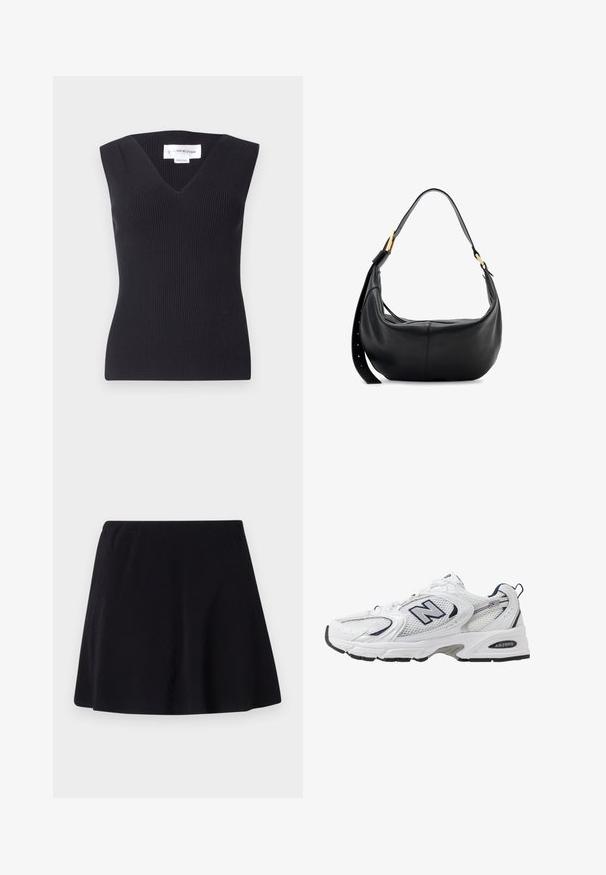 Top sans manches noir à côtes avec un décolleté en V profond, design ajusté et tissu texturé. L'étiquette indique "Victoria Beckham."; Jupe noire, longueur au-dessus du genou, fabriquée dans un tissu léger avec une texture subtile, dotée d'un design évasé et d'une ceinture élastique.; B baskets blanches avec une tige en mesh, des accents bleu marine et une semelle rembourrée. Présente le logo "N", des lacets et un détail texturé sur le côté.; AllSaints LUNA - Sac bandoulière - black