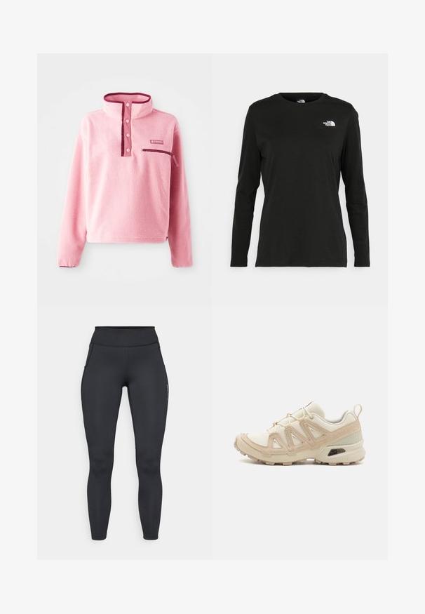 Világos rózsaszín gyapjúpulóver magas gallérral, gombos nyakkal, mellzsebbel és kontrasztos bordó díszítésekkel. Puha tapintású.; Fekete, hosszú ujjú póló pamutból, kerek nyakkal. A bal mellrészen egy kis fehér logó található. Egyszerű dizájn és szabás.; Fekete sportleggings magas derékkal, sima textúrával és oldalsó zsebekkel. Szembetűnő varrásokkal és márka logóval a lábszáron.; Beige és krém színű sportcipő, texturált hálós felsőrésszel, támogató burkolattal és gumitalppal, amely tapadás érdekében bordázott mintázattal rendelkezik.