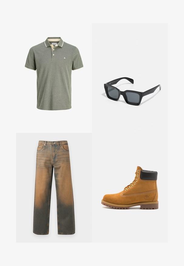 Biała bluza z kapturem, z dużym nadrukiem w formie identyfikatora w kolorach niebieskim, żółtym i czarnym, z kieszenią z przodu i ściągaczem na kapturze.; Zielona koszulka polo z teksturowanej tkaniny, z kołnierzykiem wykończonym kremowym paskiem, dwu guzikowym zapięciem oraz małym logo na piersi.; Jeansy o szerokich nogawkach w przetartym niebieskim i brązowym denimp. Posiadają wysoki stan, przednie kieszenie oraz klasyczne zapięcie na guzik z metalowymi akcentami.; Beżowe zamszowe botki sięgające kostki z czarną wyściełaną krawędzią, złotymi oczkami, białymi detalami szycia oraz wytrzymałą gumową podeszwą z wyraźnym bieżnikiem.; Czarne prostokątne okulary przeciwsłoneczne z ciemnymi soczewkami. Plastikowa oprawka o błyszczącym wykończeniu, z szerokim mostkiem i lekko zwężającymi się ramionami.