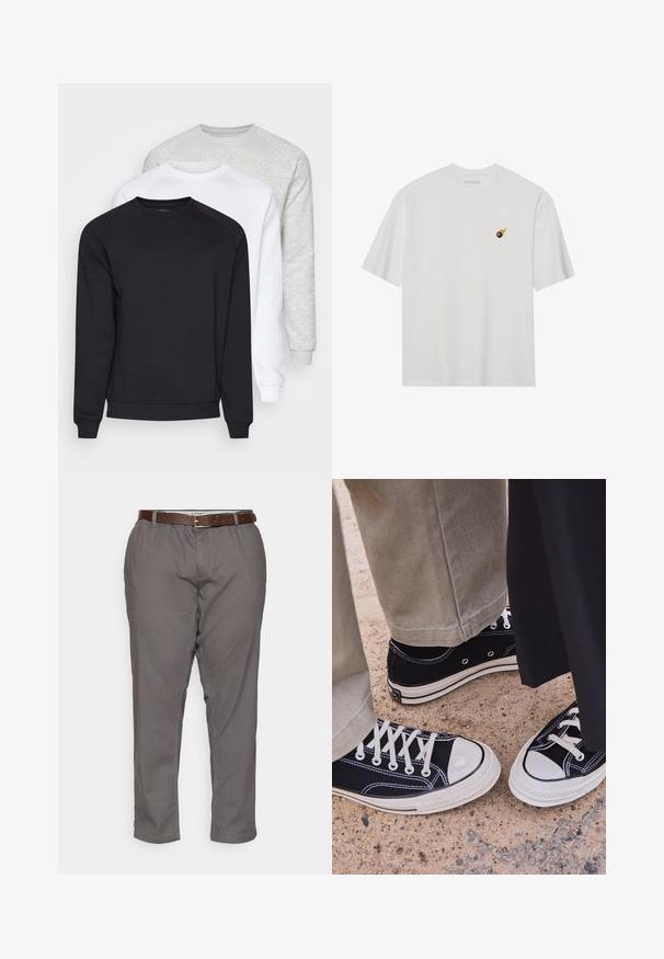 Three crewneck sweatshirts in black, white, and light gray. They feature long sleeves, ribbed cuffs, and soft, textured fabric.; White cotton t-shirt with short sleeves and a round neck. Features a small, embroidered design with a black eye and flame accent on the chest.; Gray trousers with a relaxed fit, featuring a brown leather belt, side pockets, and smooth fabric texture. Hemmed at the ankles.; Black canvas sneakers with white rubber toe caps and laces. Contrast stitching and metal eyelets add detail. Worn with beige pants and black fabric.