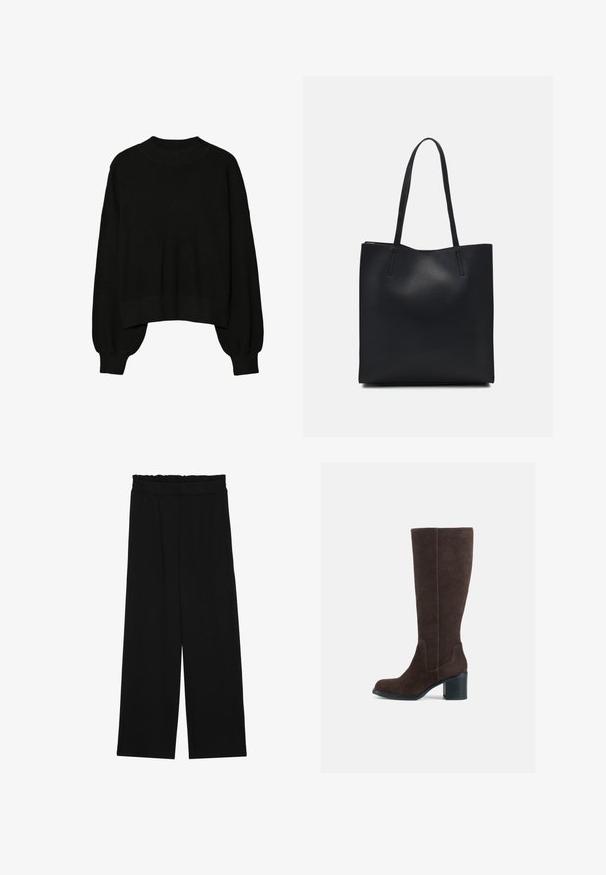 Černý pletený svetr s kulatým výstřihem, oversized rukávy a zkráceným lemem. Měkká textura a žebrované detaily na manžetách a lemu.; Černé široké nohavice s volánkovým pasem, které mají dvě boční kapsy a hladkou, lehkou tkaninu. Žádné viditelné vzory ani kovové prvky.; Hnědé nubukové kozačky do kolen s blokovým podpatkem a hladkým povrchem. Kulatá špička a výrazné švy na svršku.; Černá kožená taška přes rameno s hladkým povrchem, obdélníkovým tvarem a dvěma dlouhými uchy. Žádné viditelné kování ani ozdoby.