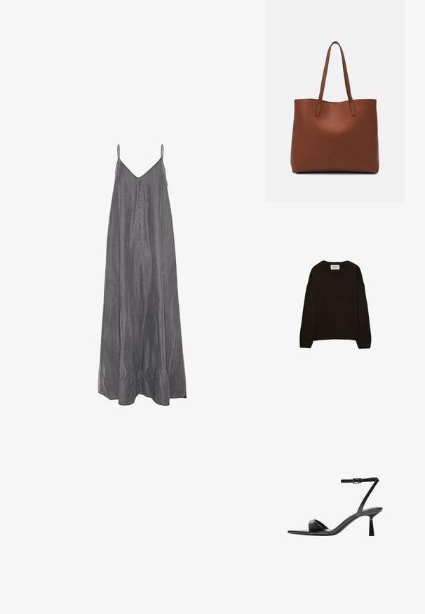 Tamno smeđi pleteni pulover s okruglim izrezom, spuštenim ramenima, rebrastim manžetama i rubom, karakteriziran mekim teksturom i opuštenim krojem.; Sivi traper maxi haljina s tankim podesivim naramenicama, V-izrezom i labavim, lepršavim siluetom. Ima ušivene detalje uz rubove.; Bershka Sandale s visokom petom - black; Smeđa kožna torba preko ramena s glatkom teksturom, otvorenim vrhom i dvjema naramenicama. Ima minimalne šavove i nema vidljivog hardvera.