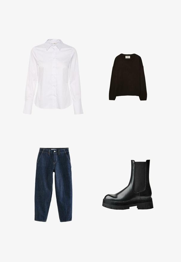 Dark brown knitted sweater with a crew neckline, dropped shoulders, ribbed cuffs, and hem, featuring a soft texture and relaxed fit.; White long-sleeve shirt featuring a classic collar, button-down front, and straight hem. Made from smooth fabric with a plain design.; Dark blue denim pants with a loose fit, featuring five pockets, belt loops, and contrasting yellow stitching. Clean, textured fabric.; Black leather ankle boot with elastic side panel, round toe, chunky platform sole, and textured upper for added grip.