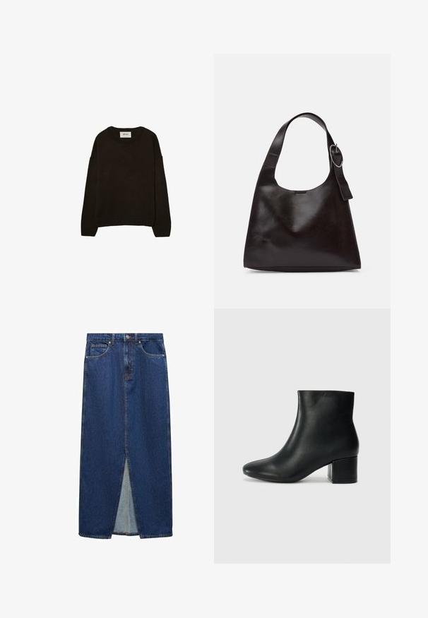 Mørkebrun strikket trøje med rund halsudskæring, sænkede skuldre, ribbede manchetter og kant, der har en blød tekstur og afslappet pasform.; Mango AIDA - Maxinederdele - dark blue; Sorte læder ankelstøvler med spids tå og en kraftig hæl. Glat tekstur med minimale detaljer og et slankt, tætsiddende design.; Brun læder skuldertaske med en glat tekstur, rund form, bred rem og cirkulært metalaccent på håndtaget.