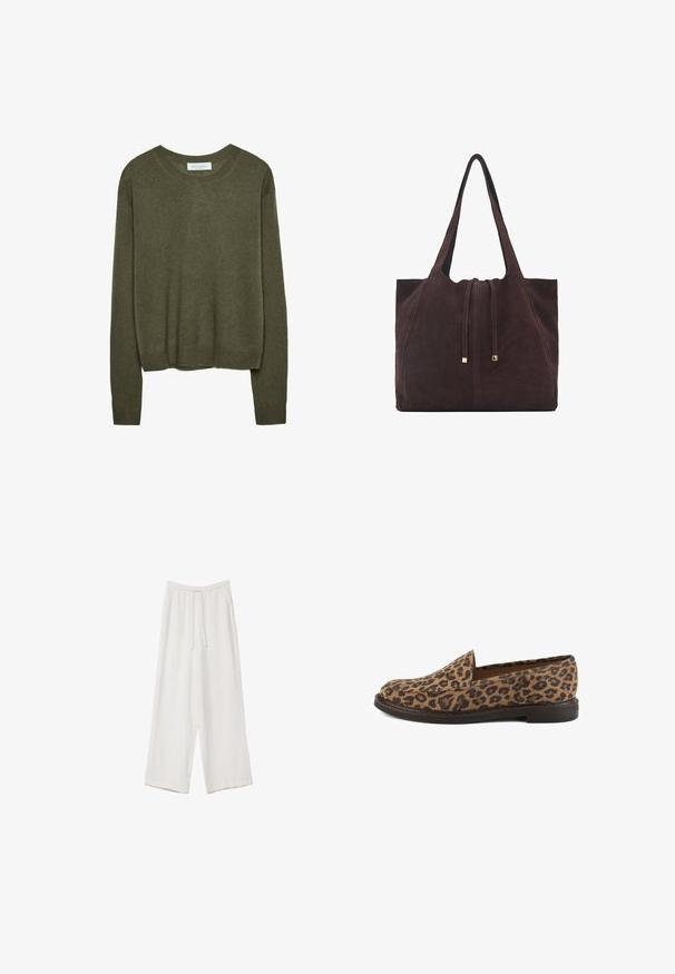 Green sweater made of soft fabric, features a round neckline, long sleeves, and a relaxed fit with ribbed cuffs and hem.; White wide-leg trousers made from a lightweight fabric. Features an elastic waistband with a drawstring and side pockets. Smooth texture.; Leopard print slip-on shoes with a flat sole, featuring a smooth, textured surface and a rounded toe design.; Mango Tote bag - dark brown