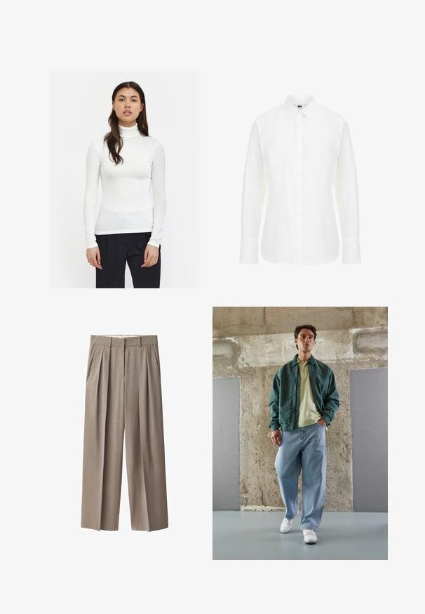 Bela rebrasta turtleneck majica z dolgimi rokavi, prilegajoč dizajn in gladko teksturo. V kombinaciji z črnimi hlačami, ki poudarjajo eleganten slog.; Bela dolga majica z dolgimi rokavi iz bombaža, ki ima klasičen ovratnik, sprednje gumbe in ravno spodnjo rob, ki je rahlo zaobljen.; Bež hlače s plisami, izdelane iz lahkotnega blaga, z visokim pasom, sproščenim krojem in dvema stranskima žepoma. Oblika spredaj brez gub.; Zeleno bomber jakno preko svetlo rumenega polo majice, v kombinaciji z ohlapnimi modrimi kavbojkami in belimi supergami. Gladki materiali, sproščen kroj, minimalna oprema.