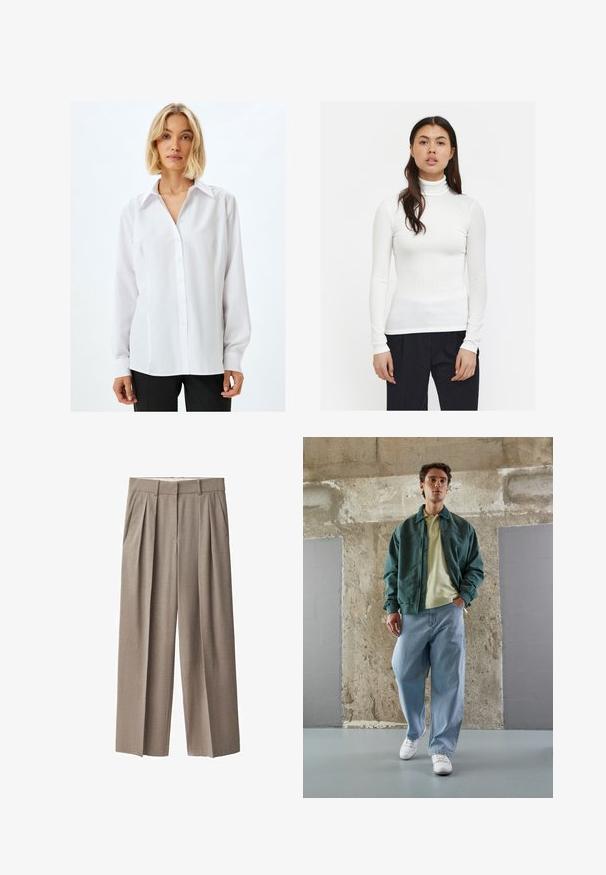 Weißes geripptes Rollkragenoberteil mit langen Ärmeln, enganliegendem Design und glatter Textur. Kombiniert mit schwarzen Hosen, die einen eleganten Stil betonen.; Weißes Langarmhemd mit Knopfverschluss und Kragen, aus glattem Stoff, mit gerader Passform und minimalistischer Gestaltung.; Beige, plissierte Hose aus einem leichten Stoff, mit hoher Taille, lockerer Passform und zwei seitlichen Taschen. Flacher Schnitt.; Grüne Bomberjacke über einem hellgelben Polo, kombiniert mit lockeren blauen Jeans und weißen Sneakers. Glatte Stoffe, entspannte Passform, minimalistische Hardware.