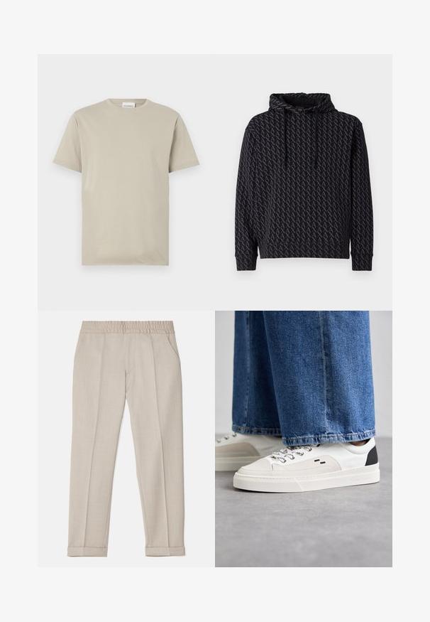 Čierna mikina s kapucňou s opakujúcim sa šedým logom, so sťahovacou kapucňou a ribovanými manžetami a lemom.; Béžové bavlnené tričko, krátke rukávy, okrúhly výstrih, jednoliata farba bez vzorov, voľný strih, s etiketou „CLOSED“ na výstrihu.; Filippa K TERRY CROPPED TROUSERS - Nohavice - sage melange; Biele a čierne tenisky s hladkým koženým zvrškom, štruktúrovanými akcentmi a masívnou bielou podrážkou. Obsahujú klasický dizajn so šnurovaním.