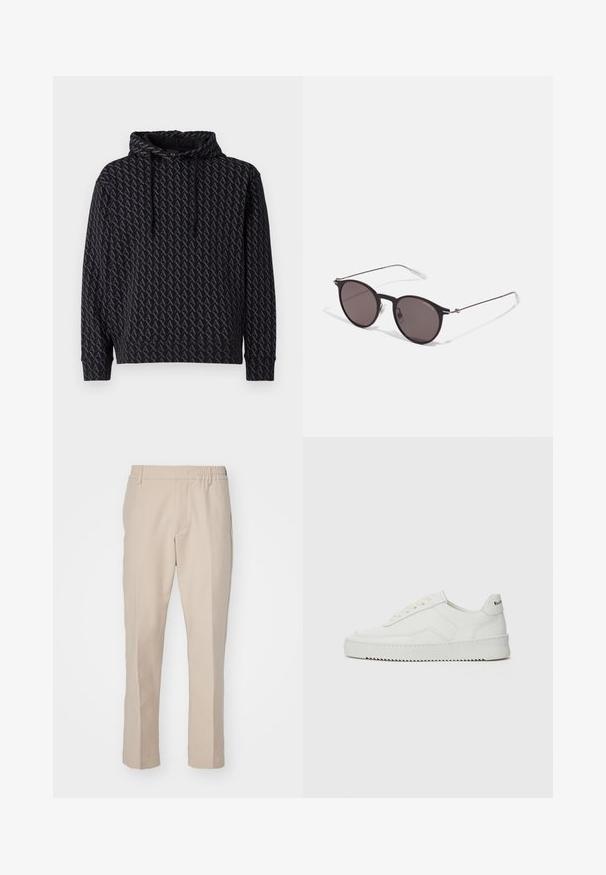 Zwarte hoodie met een herhalend grijs logo-patroon, voorzien van een trekkoordcapuchon en geribbelde mouwen en zoom.; Beige broek met een zachte textuur, rechte snit en elastische tailleband. Beschikt over zijzakken en een neutrale kleur die geschikt is voor veelzijdige outfits.; Witte leren sneaker met een gladde afwerking, ronde neus, platte veters en een gestructureerde zool. Kenmerkt zich door een subtiel logo op de hiel.; Zwarte ronde zonnebril met donkere lenzen en slanke metalen armen. Inclusief heldere tempelpunten en zilveren accenten bij de scharnier. Minimalistisch ontwerp.