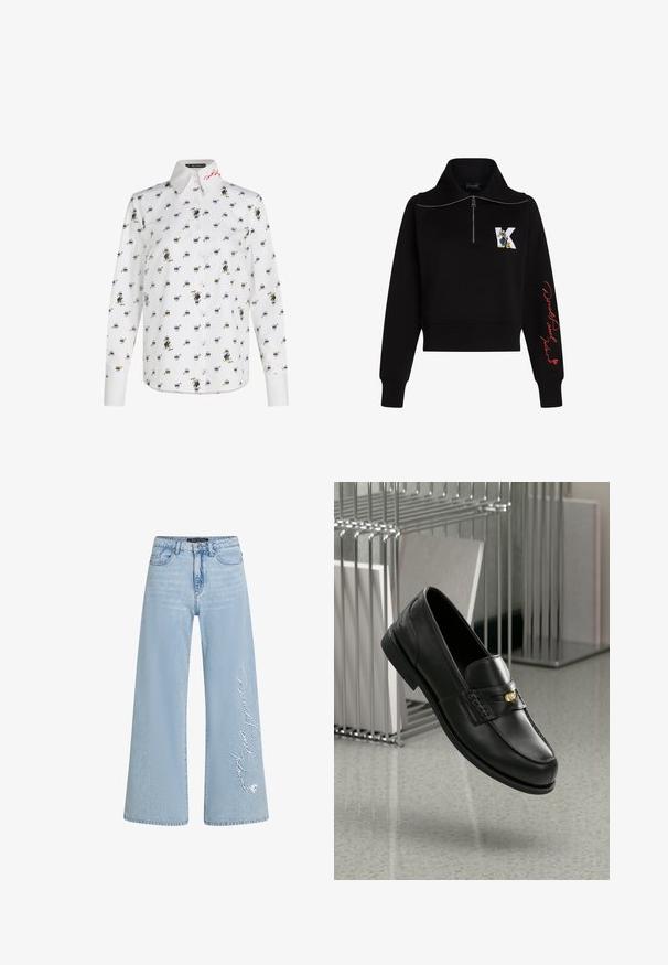 Felpa nera corta con colletto alto, zip argentata e testo corsivo rosso sulla manica. Presenta un logo in stile cartone animato sulla parte anteriore.; Camicia bianca a maniche lunghe con un motivo ripetuto di personaggi dei cartoni animati. Logo rosso ricamato sul colletto. Tessuto morbido, vestibilità sartoriale.; Jeans a gamba larga di colore blu chiaro in denim, con la scritta cucita "Donald e Daisy" sulla gamba sinistra. Presentano un classico design a cinque tasche e passanti per la cintura.; Mocassini in pelle nera con una finitura liscia, caratterizzati da una fascia decorativa e un piccolo accento dorato. La suola è piatta con una punta arrotondata.