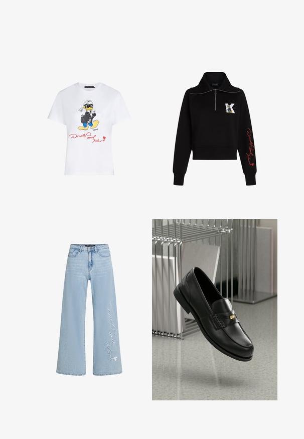 Juoda trumpa megztinė su aukštu apykakle, sidabriniu užtrauktuku ir raudonais itališkais rašmenimis ant rankovės. Priekyje yra animacinis logotipas.; Balta medvilninė marškinėlių su spalvinga piešiniu, vaizduojančiu antis kostiume su akinių nuo saulės, ir raudonu tekstu „Donaldas ir Karlas.“; Šviesiai mėlynos plačios džinsinės kelnės su siūtu tekstu "Donaldas ir Daisė" kairiajame klešne. Yra klasikinis penkių kišenių dizainas ir diržo kilpos.; Juodi odiniai loafersai su sklandžiu paviršiumi, turintys dekoratyvinę juostą ir mažą auksinę detalę. Padas plokščias, su apvaliu pirštu.