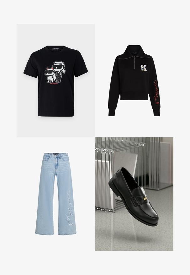 Juoda trumpa megztinė su aukštu apykakle, sidabriniu užtrauktuku ir raudonais itališkais rašmenimis ant rankovės. Priekyje yra animacinis logotipas.; Juodas medvilninis marškinėliai su grafiniu atvaizdu, kurį sudaro personažas ir katė, abu su akiniais nuo saulės, o apačioje yra raudonas tekstas.; Šviesiai mėlynos plačios džinsinės kelnės su siūtu tekstu "Donaldas ir Daisė" kairiajame klešne. Yra klasikinis penkių kišenių dizainas ir diržo kilpos.; Juodi odiniai loafersai su sklandžiu paviršiumi, turintys dekoratyvinę juostą ir mažą auksinę detalę. Padas plokščias, su apvaliu pirštu.