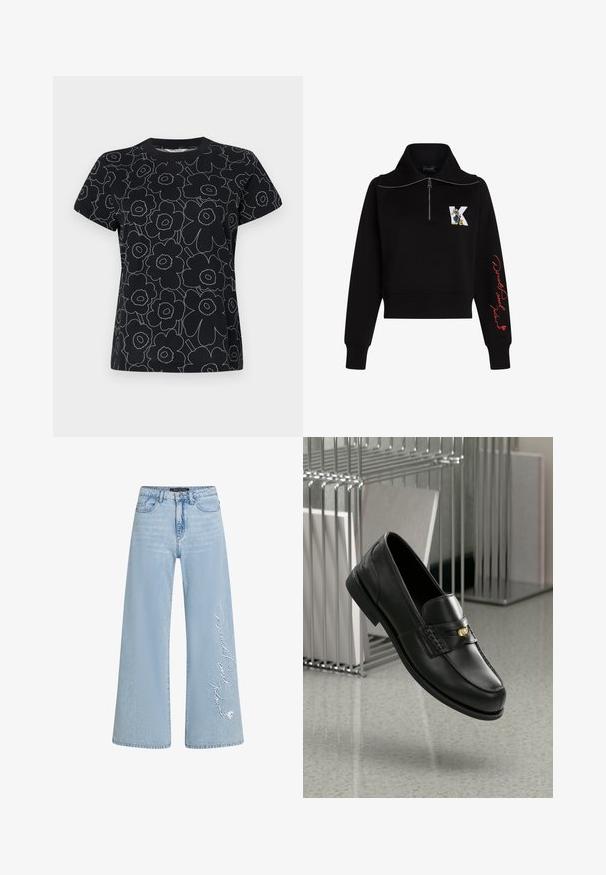 Sort cropped sweatshirt med høj krave, sølv lynlås og rød kursiv tekst på ærmet. Har et tegneserie logo på forsiden.; Sort t-shirt med blomstermønster i hvidt omrids, med korte ærmer og rund hals. Fremstillet af bomuldsstof med en glat overflade.; Lyseblå brede jeans i denim med syet "Donald og Daisy" tekst på venstre ben. Har klassisk fem-lomme design og bæltestropper.; Sorte læder loafers med en glat finish, der har et dekorativt bånd og en lille gylden detalje. Sålene er flade med en afrundet tå.