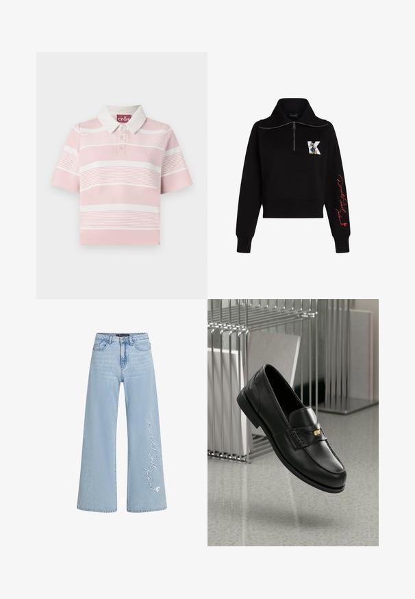 Schwarzes, kurzes Sweatshirt mit hohem Kragen, silbernem Reißverschluss und rotem, geschwungenem Text auf dem Ärmel. Auf der Vorderseite befindet sich ein Cartoon-Logo.; Kurzarm-Poloshirt in hellrosa mit weißen Streifen, mit klassischem Kragen und Knopfleiste. Strukturiertes Material mit Logodetail.; Hellblaue Jeans im weiten Schnitt aus Denim mit gesticktem "Donald und Daisy"-Text am linken Bein. Mit klassischem Fünf-Taschen-Design und Gürtelschlaufen.; Schwarze Lederloafers mit glatter Oberfläche, ausgestattet mit einem dekorativen Band und kleinen goldenen Akzenten. Die Sohle ist flach und hat eine abgerundete Zehenpartie.