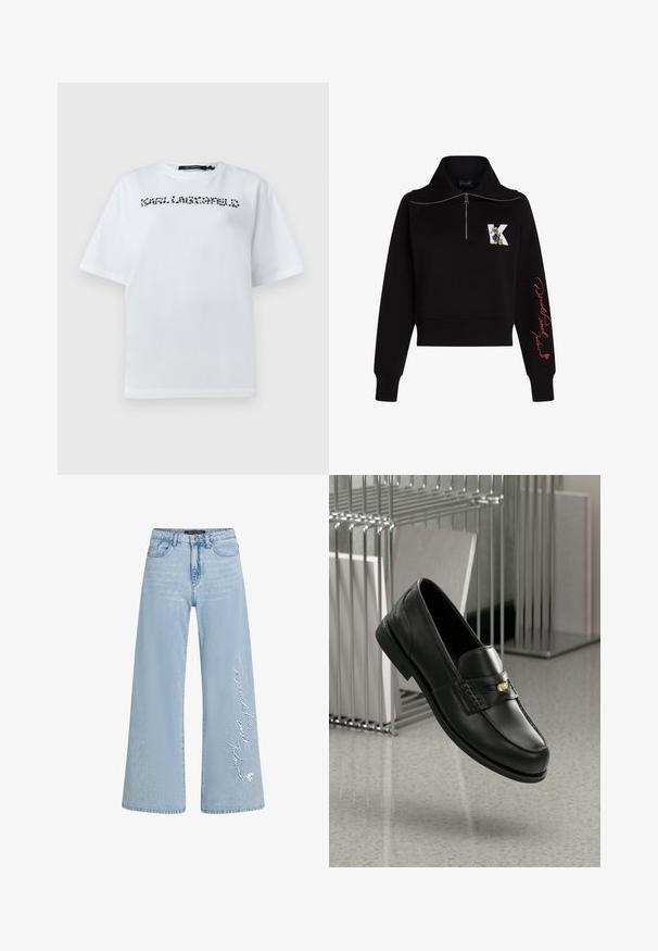 Juoda trumpa megztinė su aukštu apykakle, sidabriniu užtrauktuku ir raudonais itališkais rašmenimis ant rankovės. Priekyje yra animacinis logotipas.; Balta trumpa rankovė T-marškiniai su apvalia iškirpte ir juodais taškeliais tekstiniu logotipu per krūtinę, užrašytu "KARL LAGERFELD."; Šviesiai mėlynos plačios džinsinės kelnės su siūtu tekstu "Donaldas ir Daisė" kairiajame klešne. Yra klasikinis penkių kišenių dizainas ir diržo kilpos.; Juodi odiniai loafersai su sklandžiu paviršiumi, turintys dekoratyvinę juostą ir mažą auksinę detalę. Padas plokščias, su apvaliu pirštu.