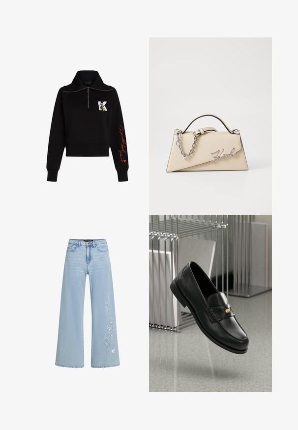 Černý zkrácený svetr s vysokým límcem, stříbrným zipem a červeným kurzivním textem na rukávu. Na přední straně se nachází kreslené logo.; Světle modré široké džíny z denimového materiálu s vyšitým textem "Donald a Daisy" na levé nohavici. Obsahují klasický design s pěti kapsami a poutky na opasek.; Černé kožené mokasíny s hladkým povrchem, ozdobenými páskem a malým zlatým akcentem. Podešev je plochá s zaoblenou špičkou.; Béžová kožená kabelka se strukturovaným trojúhelníkovým tvarem, se stříbrným řetízkem a kovovým logem psaným kurzívou.