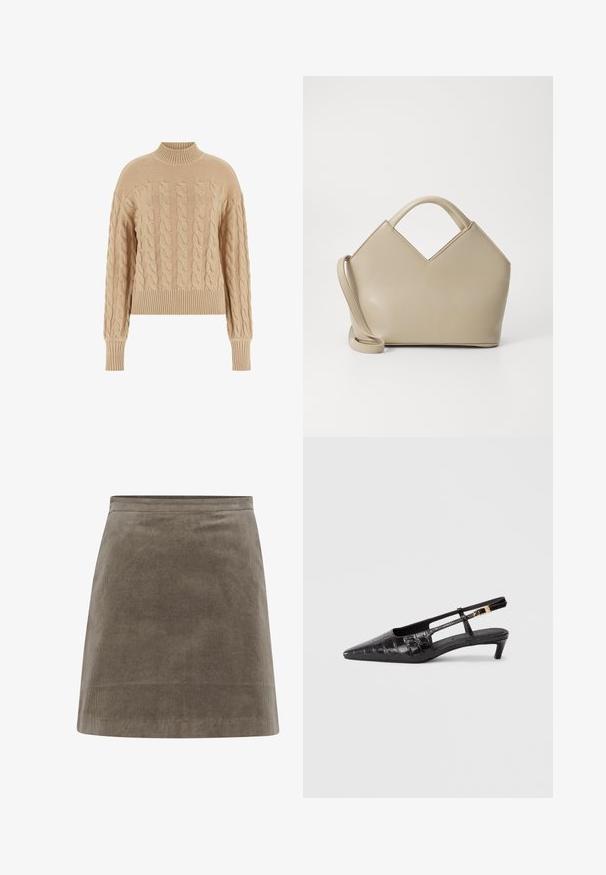Bežový pletený sveter s vysokým vrúbkovaným golierom, ktorý má vzor s pleteným káblom a vrúbkované manžety a spodný lem, čím vytvára textúrovaný vzhľad.; Khaki korduroy mini sukňa so štíhlym strihom, hladkou textúrou a jednoduchým pásom, so vertikálnymi ribovanými líniami po celej ploche.; Čierna kožená topánka s úzkym špičatým nosom, s popruhom na päte, krokodílovou textúrou, malým zúženým podpätkom a nastaviteľným popruhom s detailom kovovej spony.; Béžová štruktúrovaná kabelka s vrcholom v tvare V, vyrobená z hladkej kože, s krátkymi rúčkami a dlhým nastaviteľným popruhom. Minimalistický dizajn.
