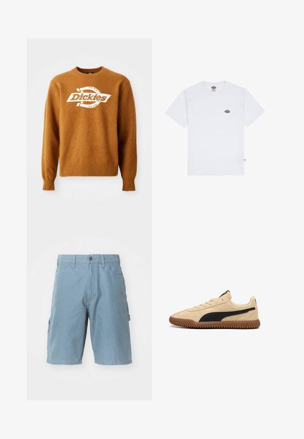Pull en tricot marron avec un logo "Dickies" blanc sur le devant. Encolure ras du cou classique et poignets et ourlet côtes. Texture douce.; T-shirt en coton blanc à manches courtes, portant un petit logo noir sur la poitrine et une étiquette dans le coin inférieur gauche.; Shorts cargo en coton bleu à coupe droite, avec poches avant et latérales, fermeture à bouton et tissu texturé.; Baskets Puma avec une tige en daim beige, une bande latérale noire et une semelle en caoutchouc brun striée. Comprend un laçage et un col rembourré.