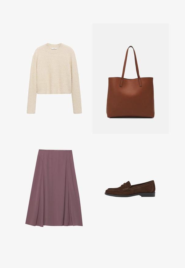 Pull court de couleur crème en tissu doux et texturé, avec des manches longues et un col rond. Design minimaliste, sans matériel ni motifs visibles.; Une jupe longueur genou dans une couleur mauve atténuée, fabriquée en tissu léger avec un design plissé et une texture lisse. Aucun fermoir visible.; Mocassins en daim marron avec une semelle noire basse, présentant un motif cousu et une bande décorative sur le dessus pour un détail supplémentaire.; Sac fourre-tout en cuir marron avec une texture lisse, design à ouverture supérieure et deux poignées pour le porter à l'épaule. Présente des coutures minimales et aucun matériel visible.