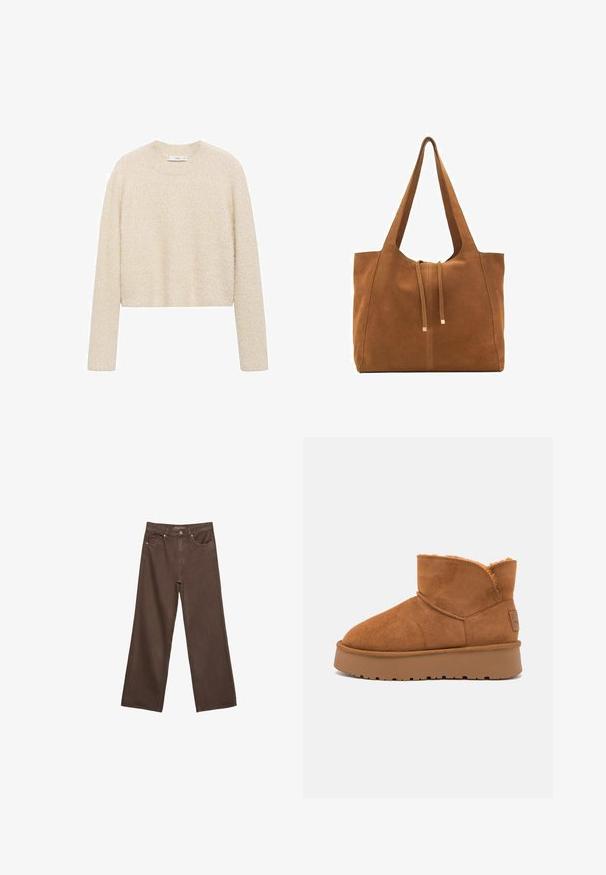 Cremefarvet cropped sweater lavet af blødt, tekstureret stof med lange ærmer og rund halsudskæring. Minimalistisk design uden synlig hardware eller mønstre.; Bredde ben brun denim jeans med høj talje, forlommer og klassisk knaplukning. Glat tekstur med diskret syninger.; Brune ruskindsankelstøvle med blødt futter, rund tå og tyk, struktureret gummisål. Har stikninger og et mærketikette.; Brun ruskinds-tote med to lange stropper, snørelukning og minimalistisk design. Glat tekstur og ingen synlige hardware-detaljer.