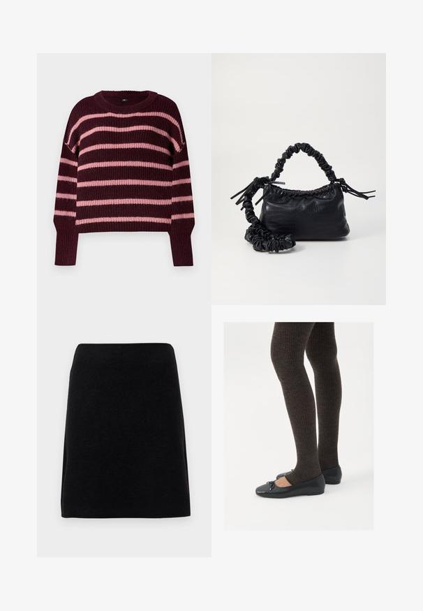 Burgundska pulover s horizontalnimi roza strpami. Pletena tekstura, okrogla izreza in rebrasti manšeti. Padle ramena. Škatlasta zasnova.; Črna mini krila iz mehkega materiala, z ravnim krojem in brezšivnim pasom, brez vidnih zaponk ali vzorcev.; Črne ravne čevlje z majhnim lokom na prstih, v kombinaciji s temno rjavimi rebrastimi nogavicami. Čevlji imajo gladko teksturo in nizko obliko.; Črna torbica iz umetnega usnja s krokodilovo teksturo, z zvitim vrhom in zmečkano naramico. Zdi se mehka in kompaktna v oblikovanju.