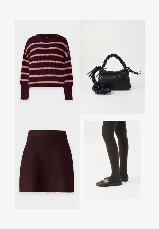 Bordowy sweter z poziomymi różowymi paskami. Tkana struktura, okrągły dekolt i ściągacze na rękawach. Spadnięte ramiona. Pudełkowy krój.; Bordowa mini spódnica z dopasowaną talią, gładką fakturą i rozkloszowanym krojem. Prosty design bez wzorów i elementów metalowych.; Czarne płaskie buty z małym kokardkowym detalem na palcach, zestawione z ciemnobrązowymi rajstopami w prążki. Buty mają gładką teksturę i niski profil.; Czarna torebka z syntetycznej skóry o teksturze krokodyla, z zaciąganym górnym zamknięciem i marszczonym paskiem. Wygląda na miękką i zwartą w designie.