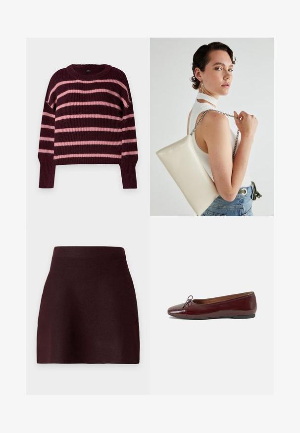 Pulover burgundy cu dungi roz orizontale. Textură tricotată, guler rotund și manșete cu aspect zimțat. Umeri căzuți. Design boxy.; Fustă mini burgundy cu un talie ajustată, textură netedă și o siluetă evazată. Design simplu, fără modele sau detalii hardware.; Balerini din piele patent burgund cu vârful rotund, accent de fundiță mică în față și talpă joasă din cauciuc negru. Textură netedă.; Geantă de clutch rectangulară albă, realizată dintr-un material lucios, având o curea de lanț argintie. Modelul pozează, evidențiind geanta pe un fundal simplu.