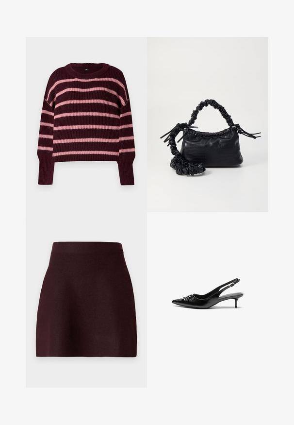 Bordový svetr s horizontálními růžovými pruhy. Pletená textura, kulatý výstřih a žebrované manžety. Spadlé ramena. Volný design.; Vínová mini sukně s přiléhavým pasem, hladkou texturou a rozšířeným střihem. Jednoduchý design bez vzorů nebo kovových detailů.; Černé kožené lodičky na slingback s špičatou špičkou, malým podpatkem typu kitten a ozdobným uzlem na přední straně. Hladký povrch po celém obvodu.; Černá kabelka z umělé kůže s krokodýlím vzorem, staženým vrškem a zmačkaným popruhem. Zdá se, že má měkký a kompaktní design.