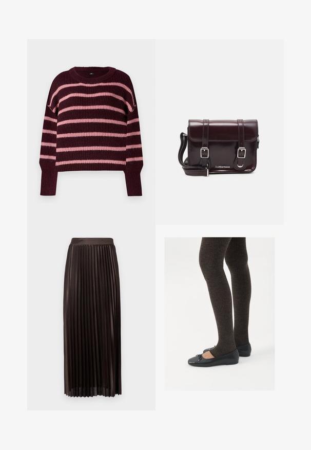 Burgundi pulóver vízszintes rózsaszín csíkokkal. Kötött textúra, kerek nyakkivágás és bordázott mandzsetta. Esései vállak. Dobozos fazon.; Sötétbarna anyagú, redőzött midi szoknya, sima derékpánttal, földig érő kialakítással és függőleges redőzéssel, melyek fokozzák a textúrát.; Fekete lapos cipők kis masni díszítéssel az orrán, sötétbarna bordázott harisnyával párosítva. A cipők sima textúrával és alacsony profilúak.; Burgundy lakkbőr keresztpántos táska téglalap alakú, két pánttal, ezüst színű szerelvényekkel és fedélzárral.
