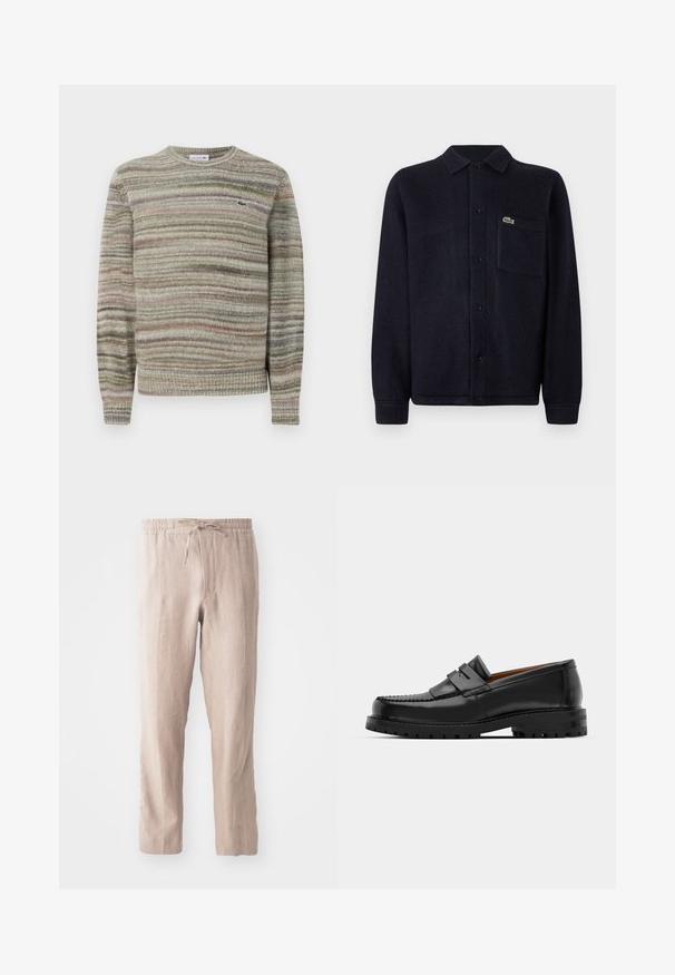 Striped sweater in shades of gray, green, and pink. Designed with a crew neck, long sleeves, and a textured knit fabric. Features a small logo.; Navy textured shirt jacket made of soft fabric, featuring a collar, button front, long sleeves, and a stitched pocket with a logo.; Beige linen pants with an elastic waistband and drawstring. Straight leg design with a soft texture and minimalistic style.; Black leather loafers feature a raised seam, two decorative straps on the upper, and a thick textured sole for added grip.