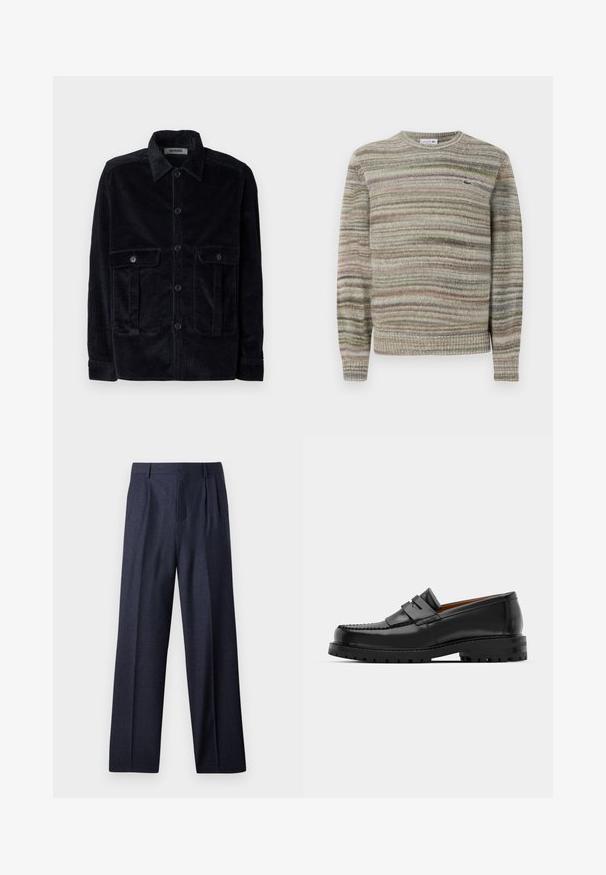 Maglione a righe in tonalità di grigio, verde e rosa. Design con scollo rotondo, maniche lunghe e tessuto lavorato a maglia. Presenta un piccolo logo.; Giacca in corduroy blu navy con colletto, chiusura con bottoni frontale, due tasche sul petto e righe verticali testurizzate.; Pantaloni di lana blu navy con vestibilità su misura, caratterizzati da una parte anteriore piegata e gambe ampie. Texture liscia e linee pulite, adatti per occasioni formali.; I mocassini in pelle nera presentano una cucitura sollevata, due fasce decorative sulla parte superiore e una suola spessa e texture per una maggiore aderenza.