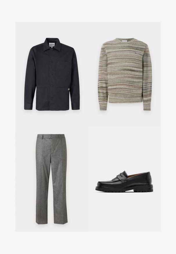 Sweater riscado em tons de cinza, verde e rosa. Com um design de gola redonda, mangas longas e um tecido de malha texturizado. Apresenta um pequeno logotipo.; Casaco preto de algodão com botões, gola, dois bolsos frontais e um pequeno detalhe de logótipo no bolso direito. Design minimalista.; Calças cinzentas sob medida em tecido texturizado, com um design de pernas retas, bolsos frontais e uma cintura plana. Sem fechos visíveis.; Os mocassins de couro preto apresentam uma costura elevada, duas tiras decorativas na parte superior e uma sola grossa e texturizada para maior aderência.
